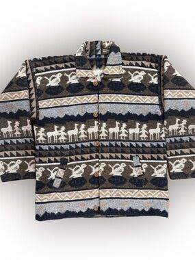 Vintage Alpaca Blanket‎ Jacket Peru Bolivia Folk Llama Motif Wool Coat Men’s L